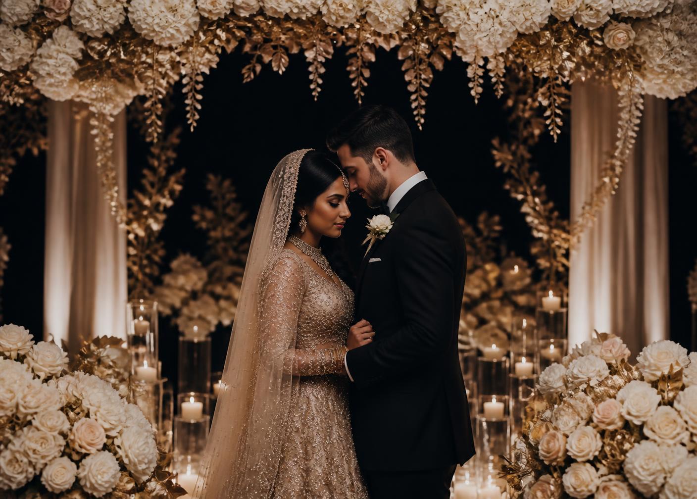 Couple standing beneath a floral and gold wedding arch lit by candlelight